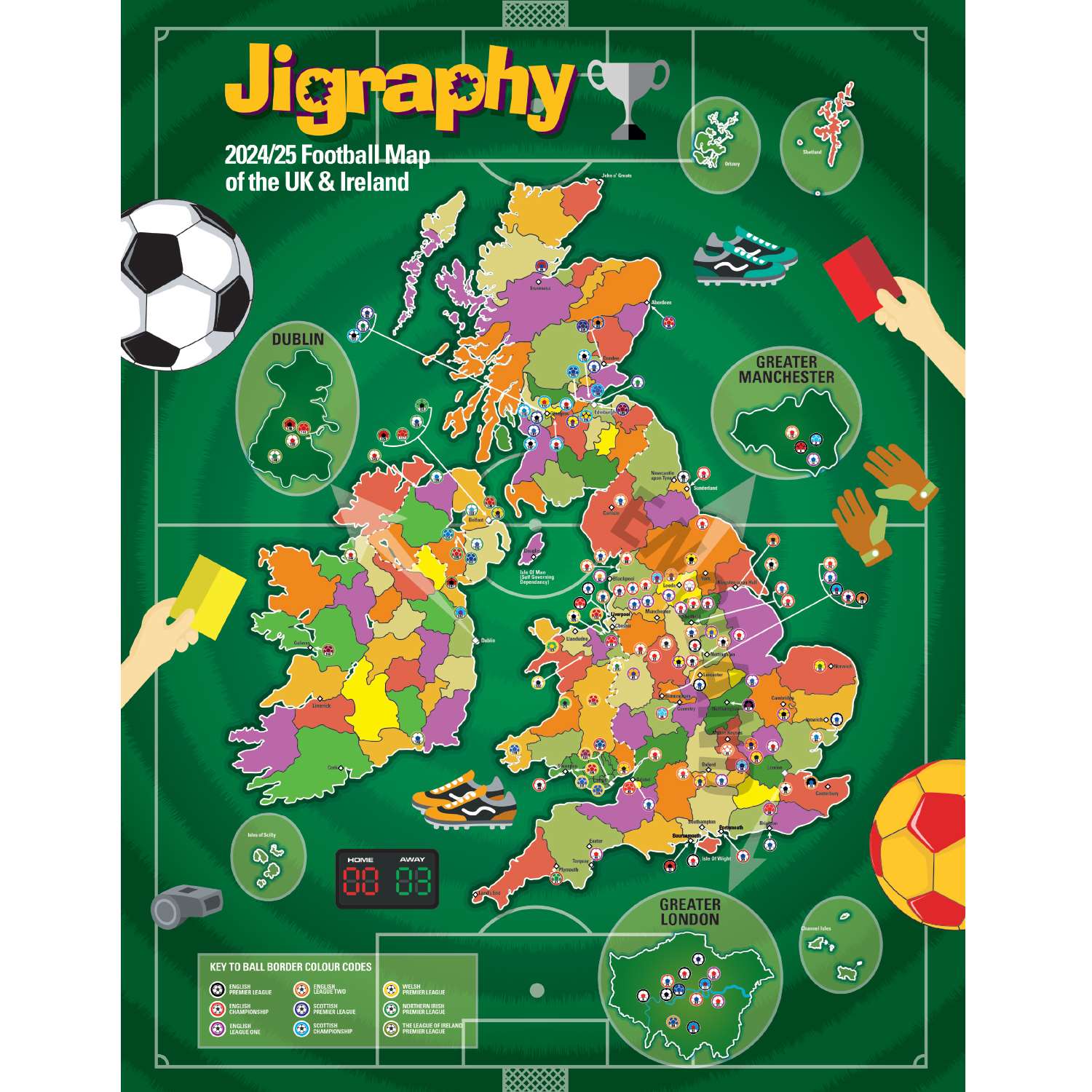 JIGRAPHY FOOTBALL MAP JIGSAW OF THE UK AND IRELAND 2024/25, FOOTBALL ...